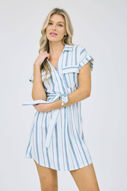 DRESS: STRIPE COLLARED SHORT SLEEVE BELTED SHIRT DRESS