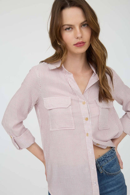 TOPS: STRIPED COLLARED BUTTON DOWN WITH POCKETS: BLACK