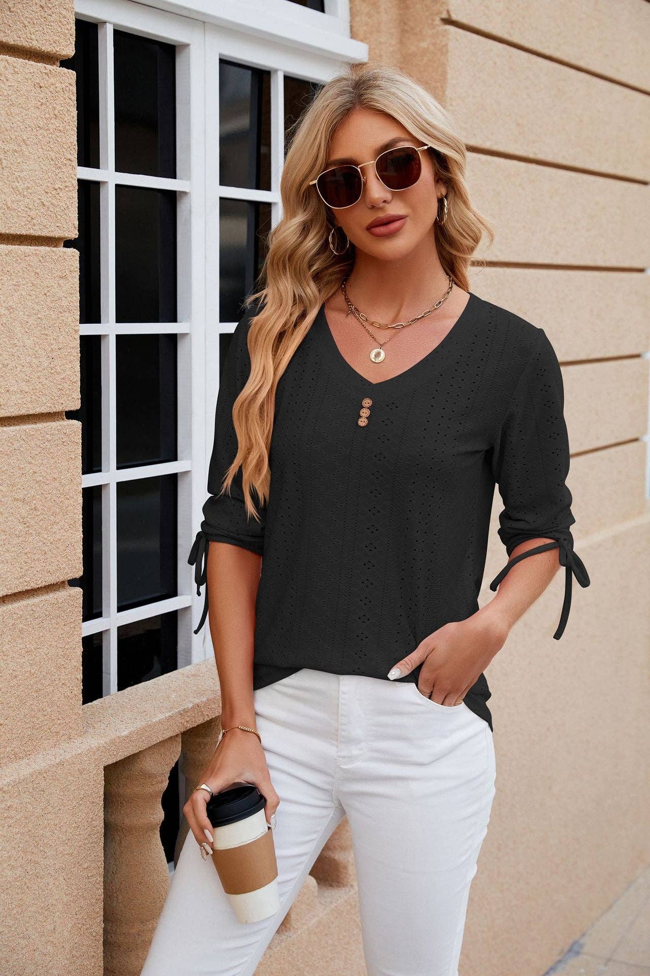 TOPS: Solid Color Jacquard Button Middle Sleeve T-shirt