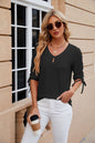 TOPS: Solid Color Jacquard Button Middle Sleeve T-shirt