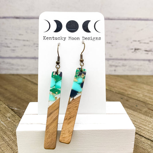 Aqua Gold Bohemian Earrings Long Boho Dangle Wood Resin