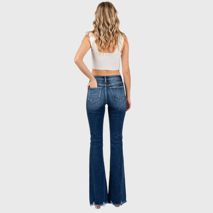 JEANS: DESTROYED PATCH WORK MID RISE FLARE W/ FRAYED HEM