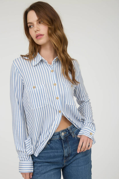 TOPS: STRIPE COLLARED LONG SLEEVE BUTTON DOWN SHIRT