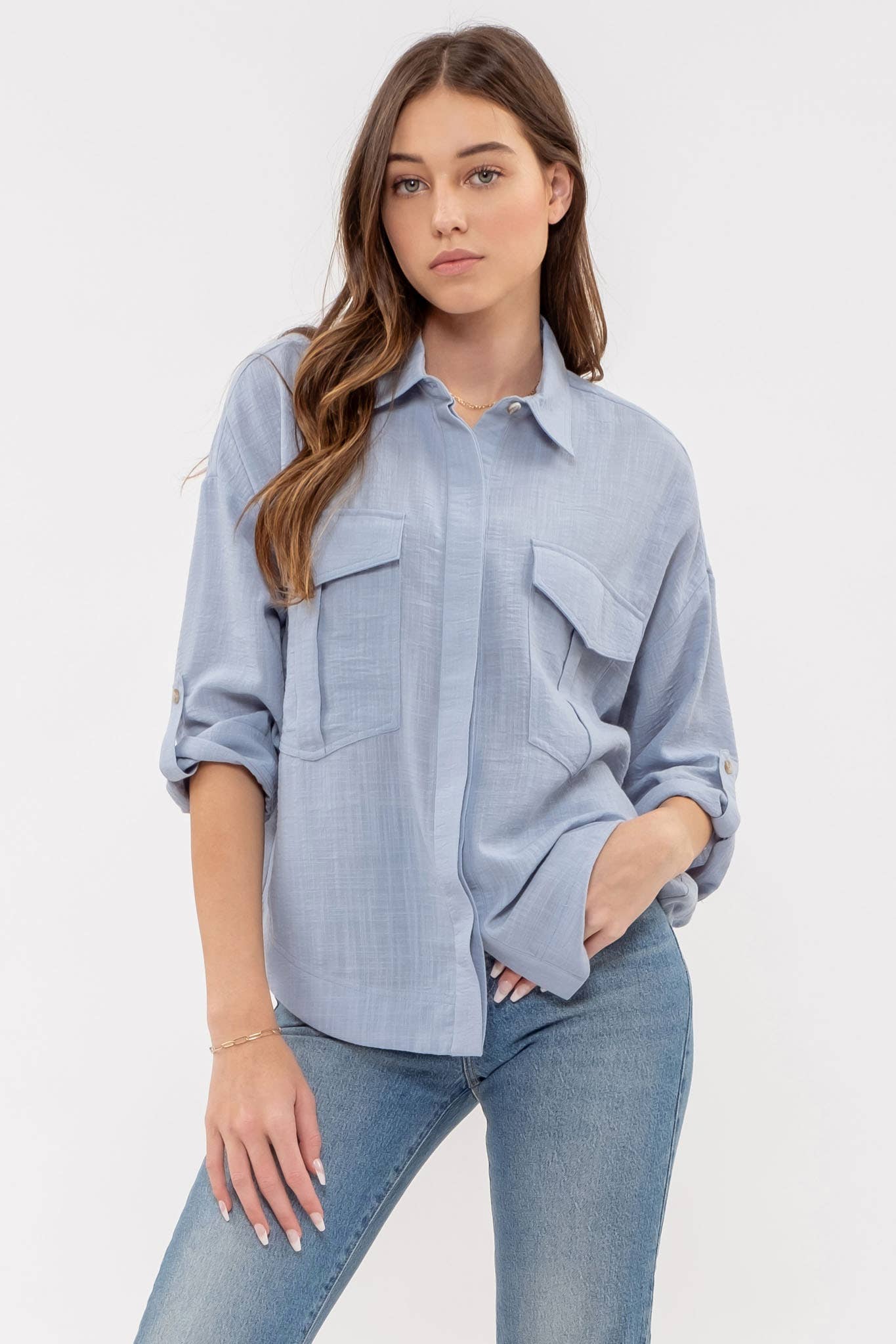 TOPS: LIGHTWEIGHT COLLARED BUTTON DOWN 3/4 SLEEVE SHIRT