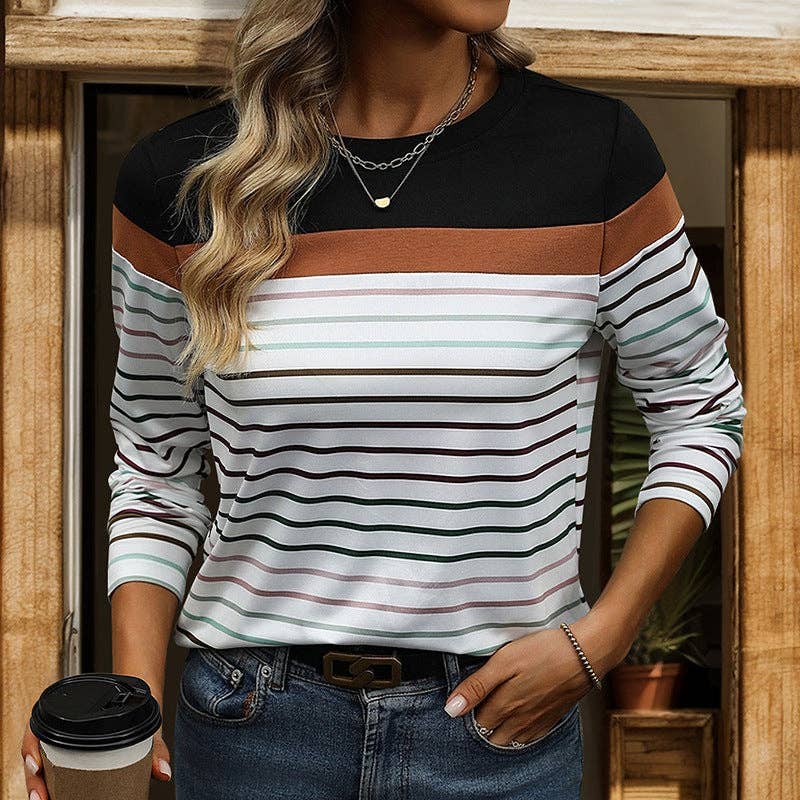 TOPS: Crew Neck Colored Striped Contrast Long Sleeve T-Shirt