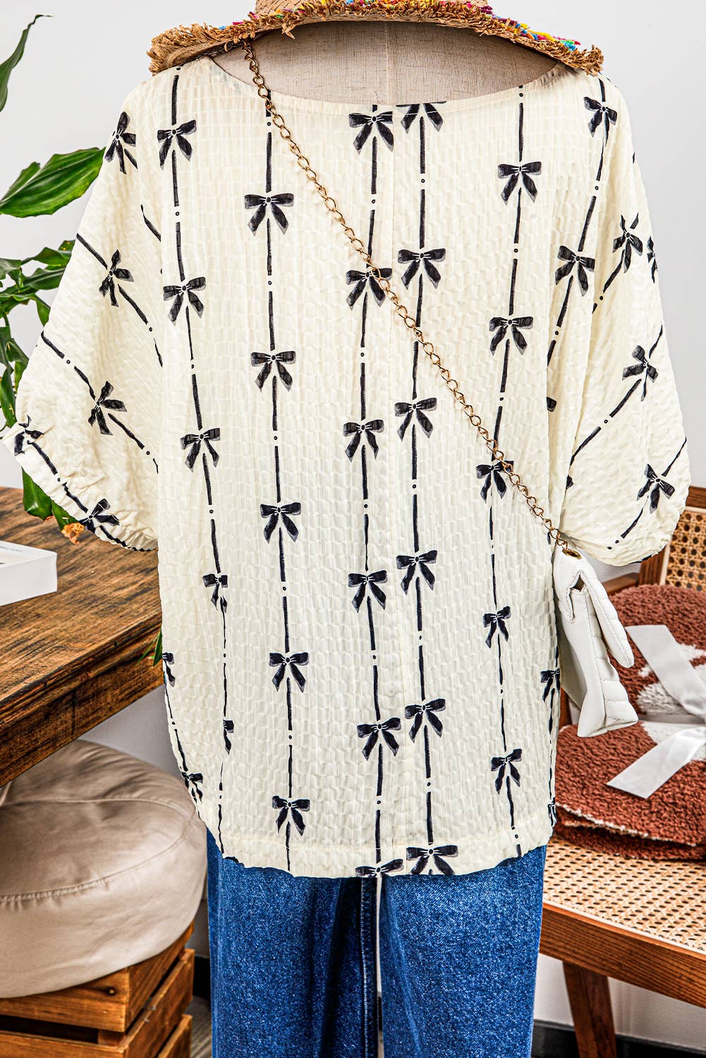Bow Print Puff Short Sleeve Top