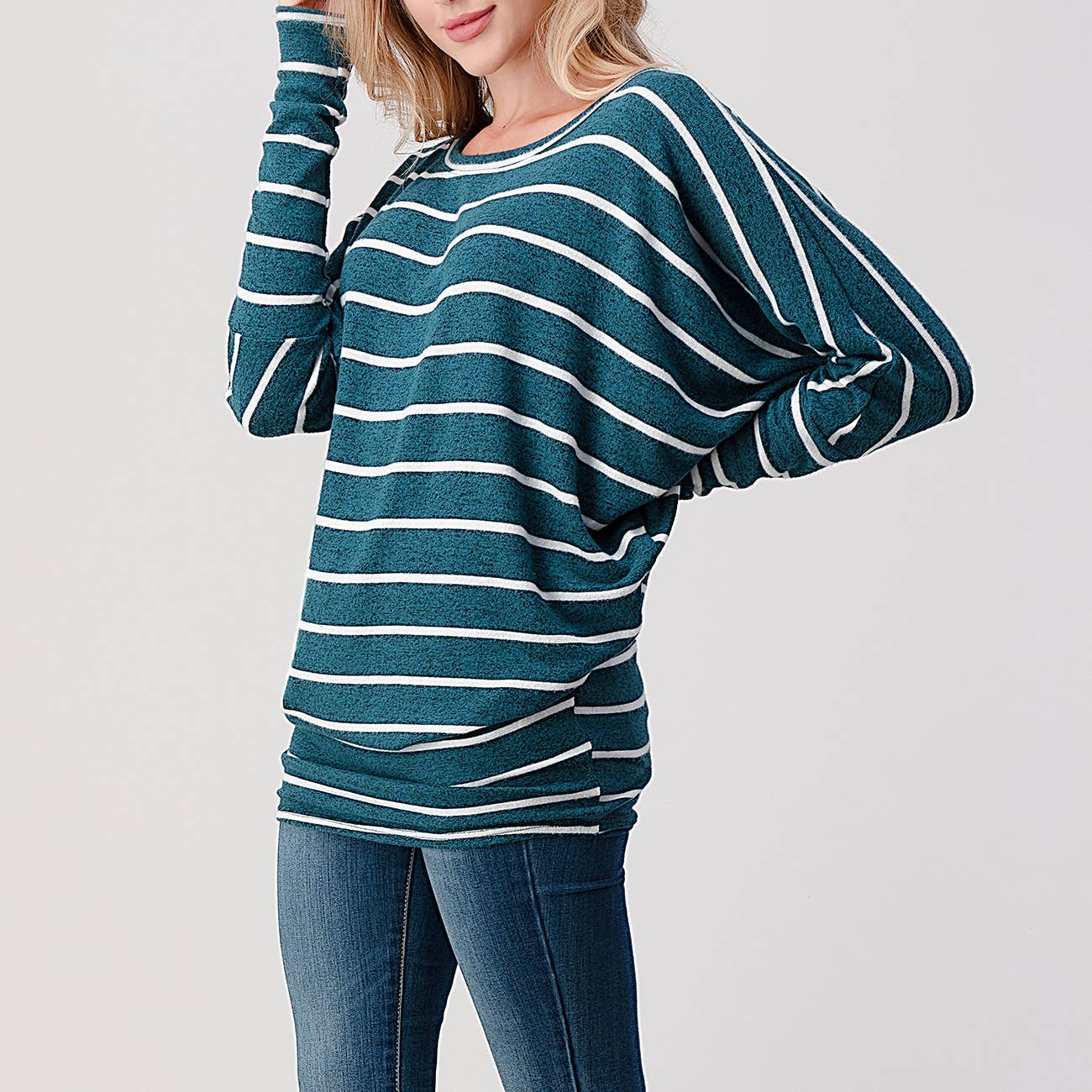 TOPS: Long Dolman Sleeve Stripe Brushed Knit Top, 1217-S