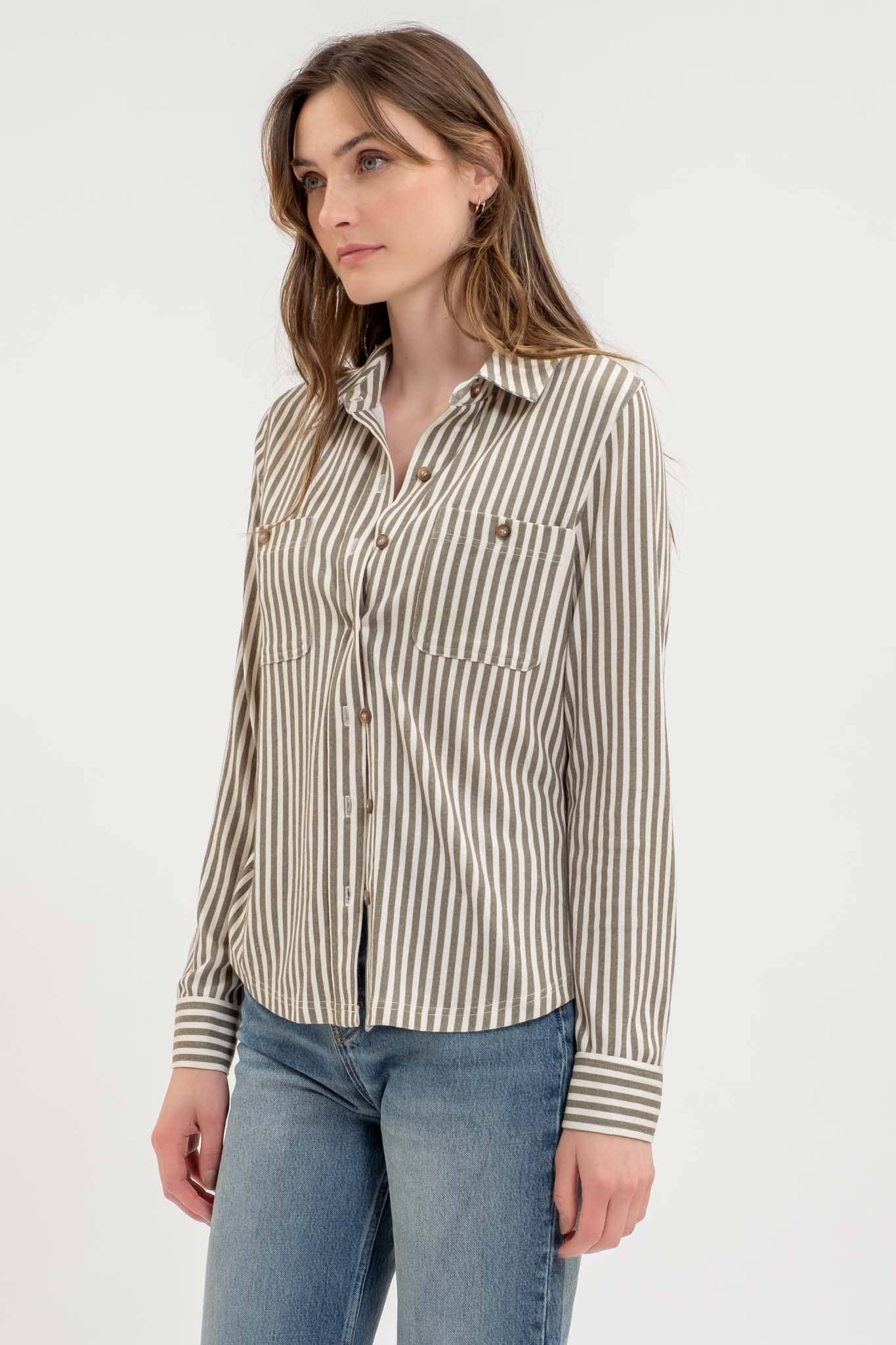 TOPS: STRIPE COLLARED LONG SLEEVE BUTTON DOWN SHIRT