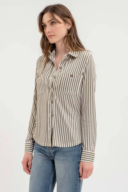 TOPS: STRIPE COLLARED LONG SLEEVE BUTTON DOWN SHIRT