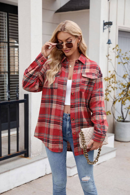 TOPS: Women's  New Casual Fashion Loose Plaid Pocket Shirt
