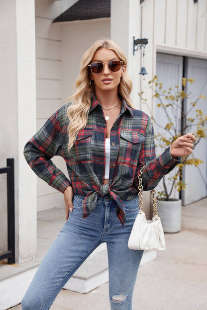 TOPS: Women's  New Casual Fashion Loose Plaid Pocket Shirt