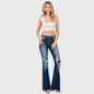 JEANS: DESTROYED PATCH WORK MID RISE FLARE W/ FRAYED HEM