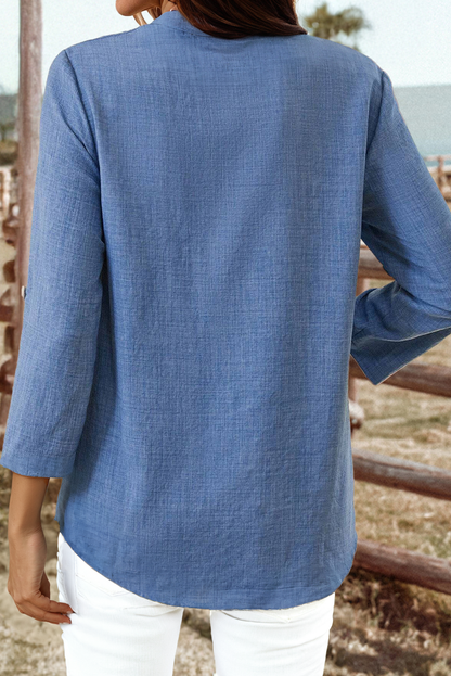 TOPS: Fashion-W Chest Pocket V Neck Plain Roll-up Sleeve Blouse
