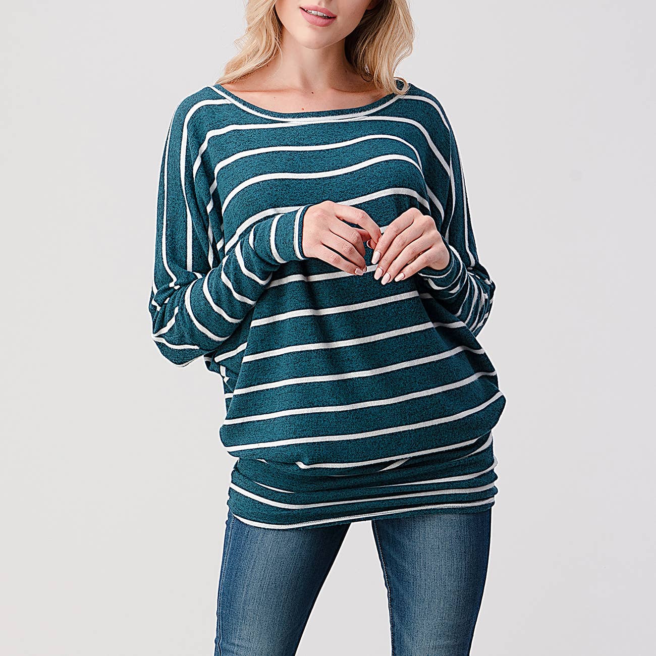 TOPS: Long Dolman Sleeve Stripe Brushed Knit Top, 1217-S