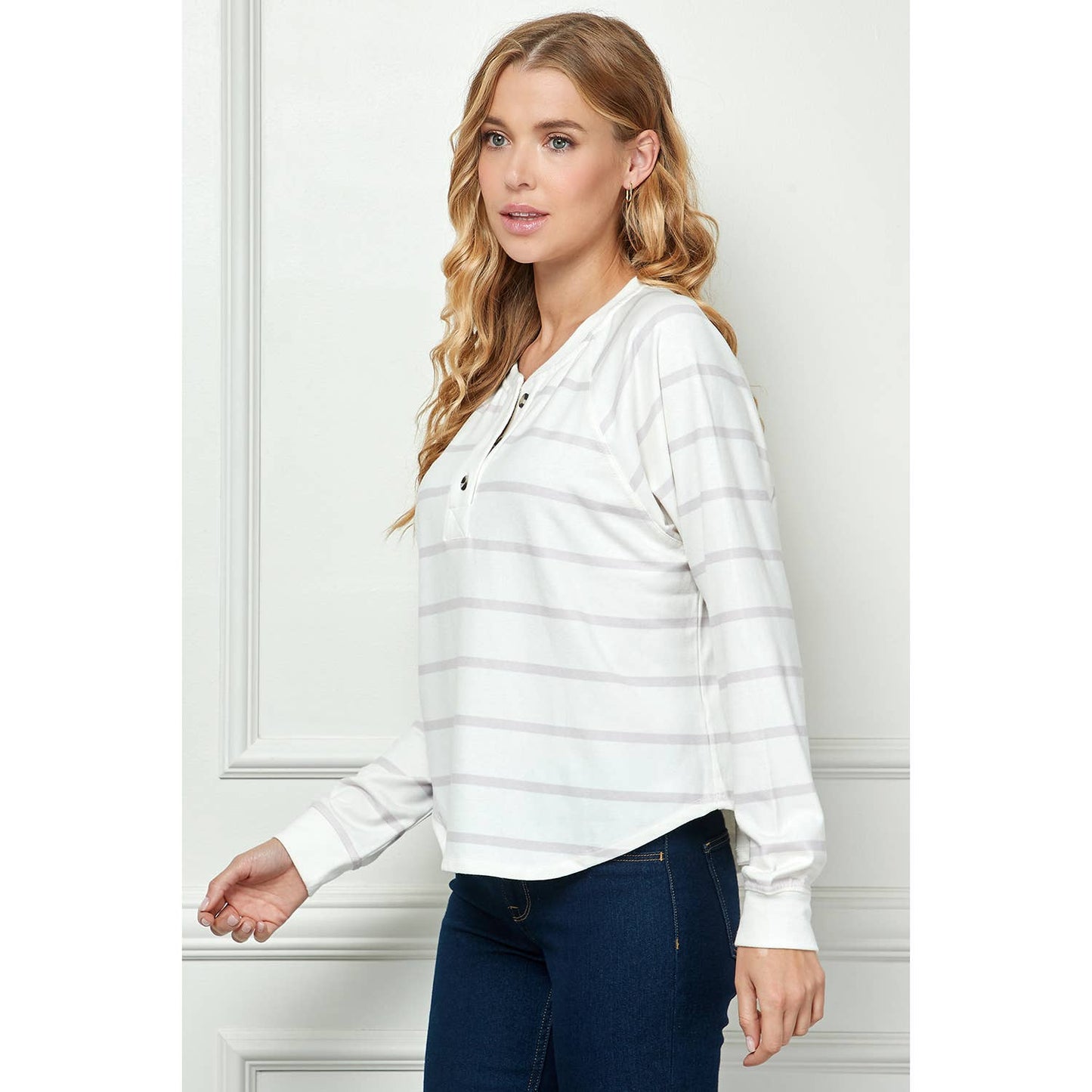TOPS: LONG SLEEVE STRIPED KNIT TOP WITH BUTTON