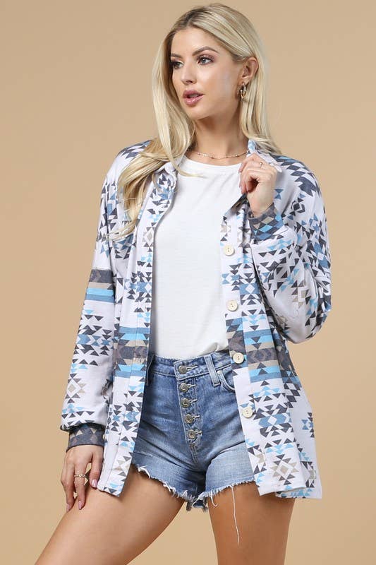 TOPS: VICTORIA GEO PRINT BUTTON DOWN SHACKET
