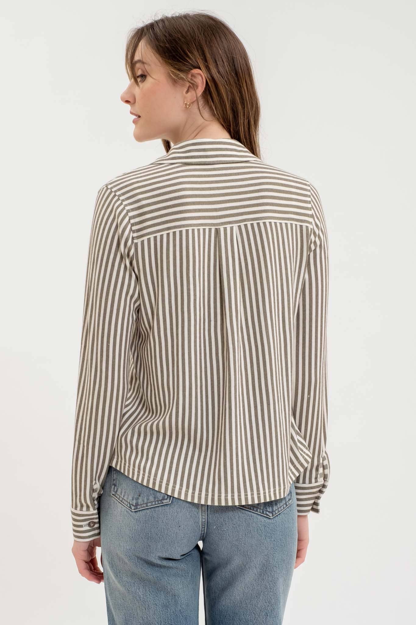 TOPS: STRIPE COLLARED LONG SLEEVE BUTTON DOWN SHIRT