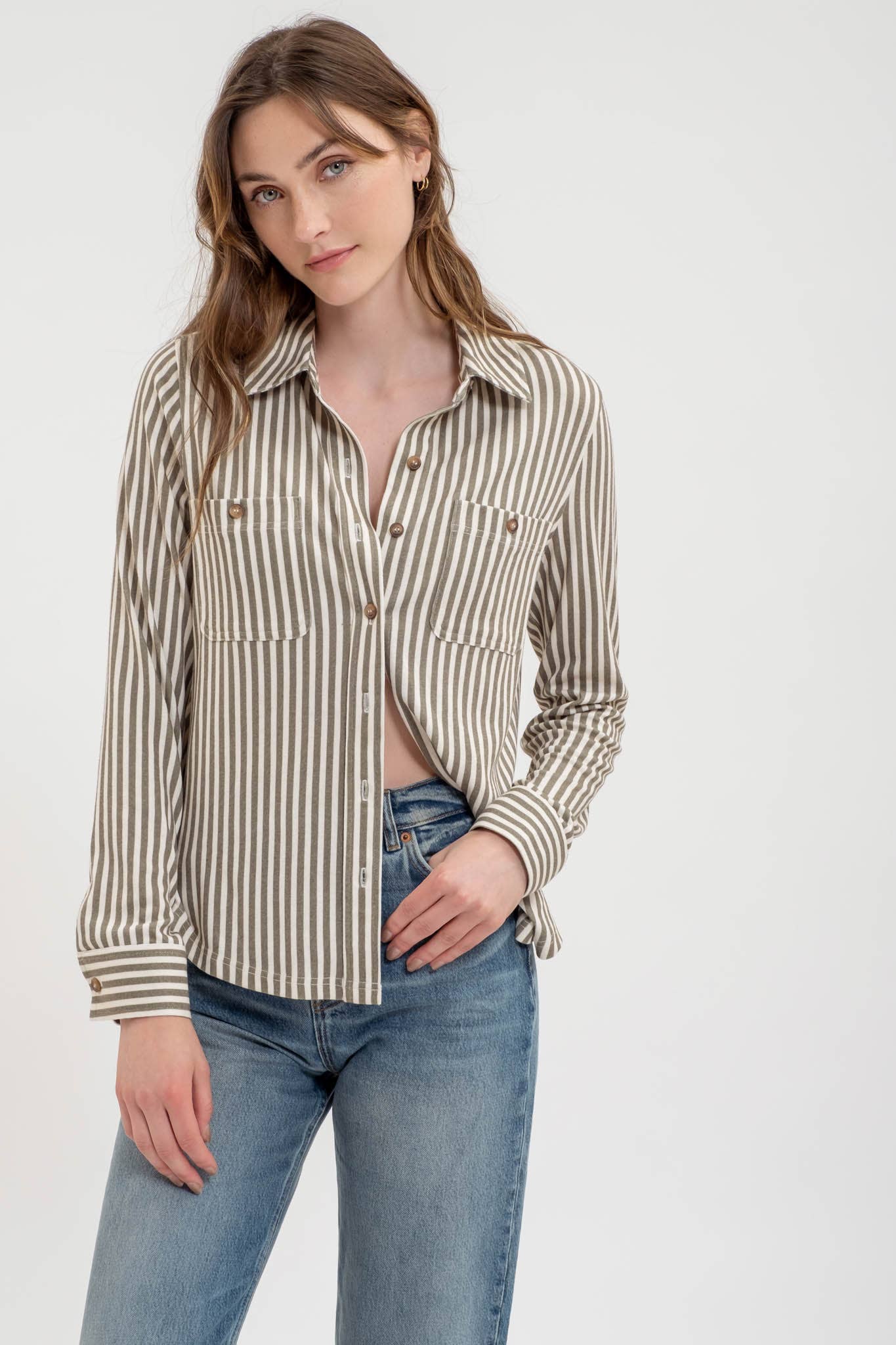 TOPS: STRIPE COLLARED LONG SLEEVE BUTTON DOWN SHIRT