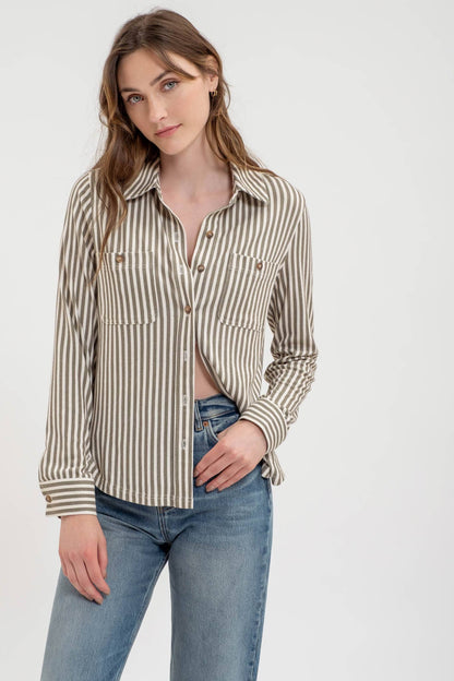 TOPS: STRIPE COLLARED LONG SLEEVE BUTTON DOWN SHIRT
