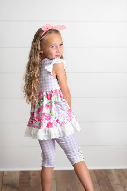 Kids Lavender Gingham & Floral Capri Ruffle Summer Set