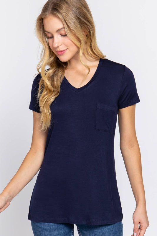 TOPS: Solid V Neck Top With Pocket