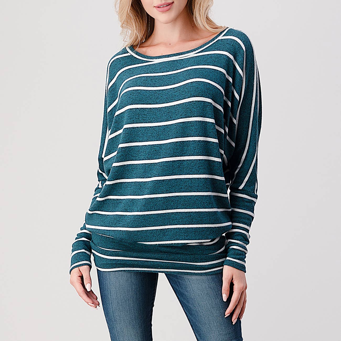 TOPS: Long Dolman Sleeve Stripe Brushed Knit Top, 1217-S