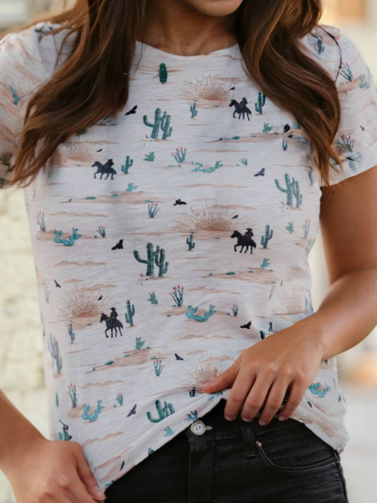TOPS: Western Cactus Print Crew Neck Short Sleeve Top