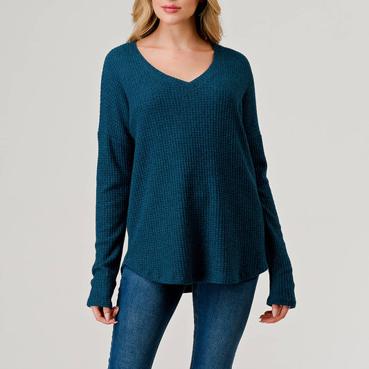 MUST HAVE TOPS: V-neck Long Sleeve Waffle Brushed Knit Top