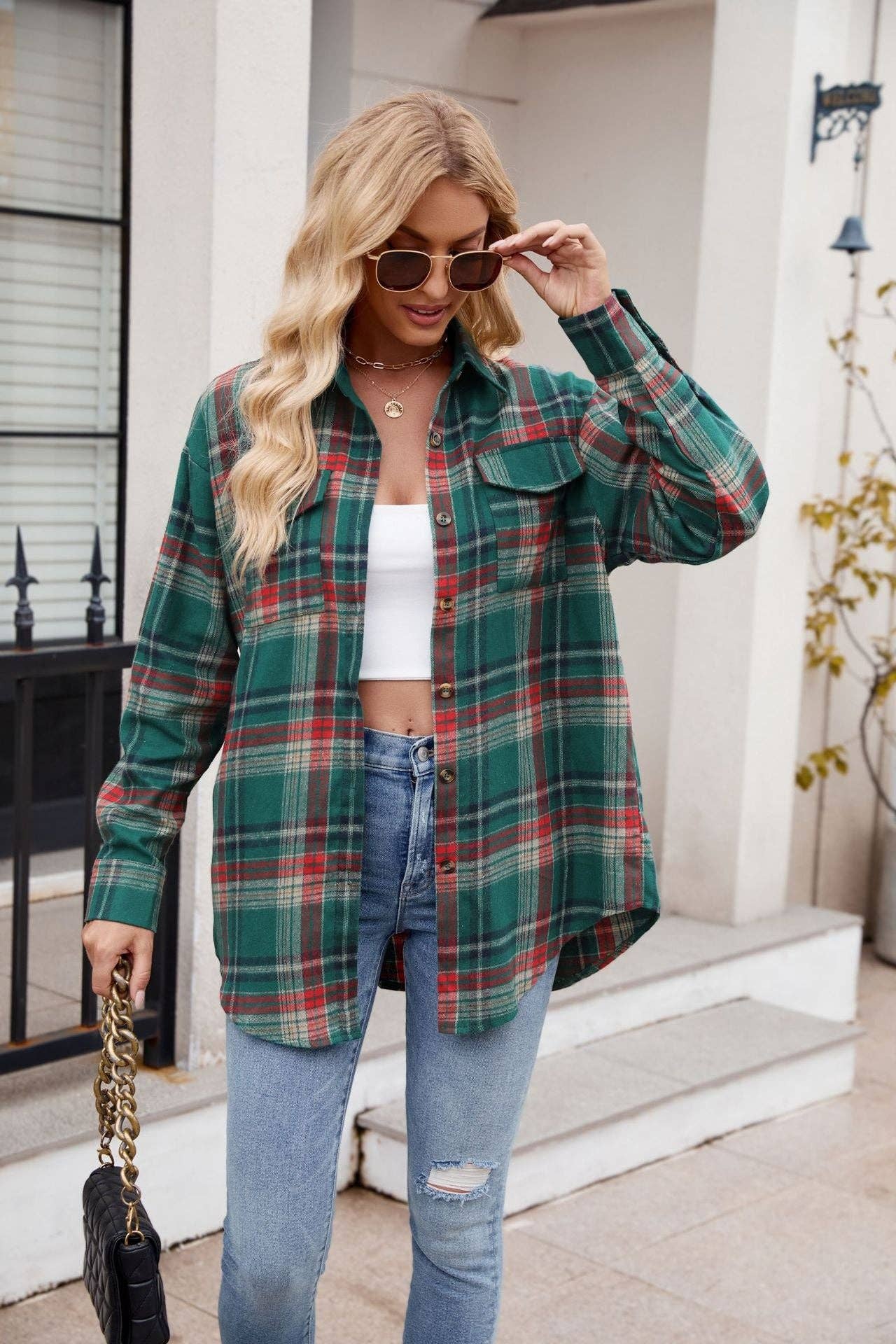 TOPS: Women's  New Casual Fashion Loose Plaid Pocket Shirt