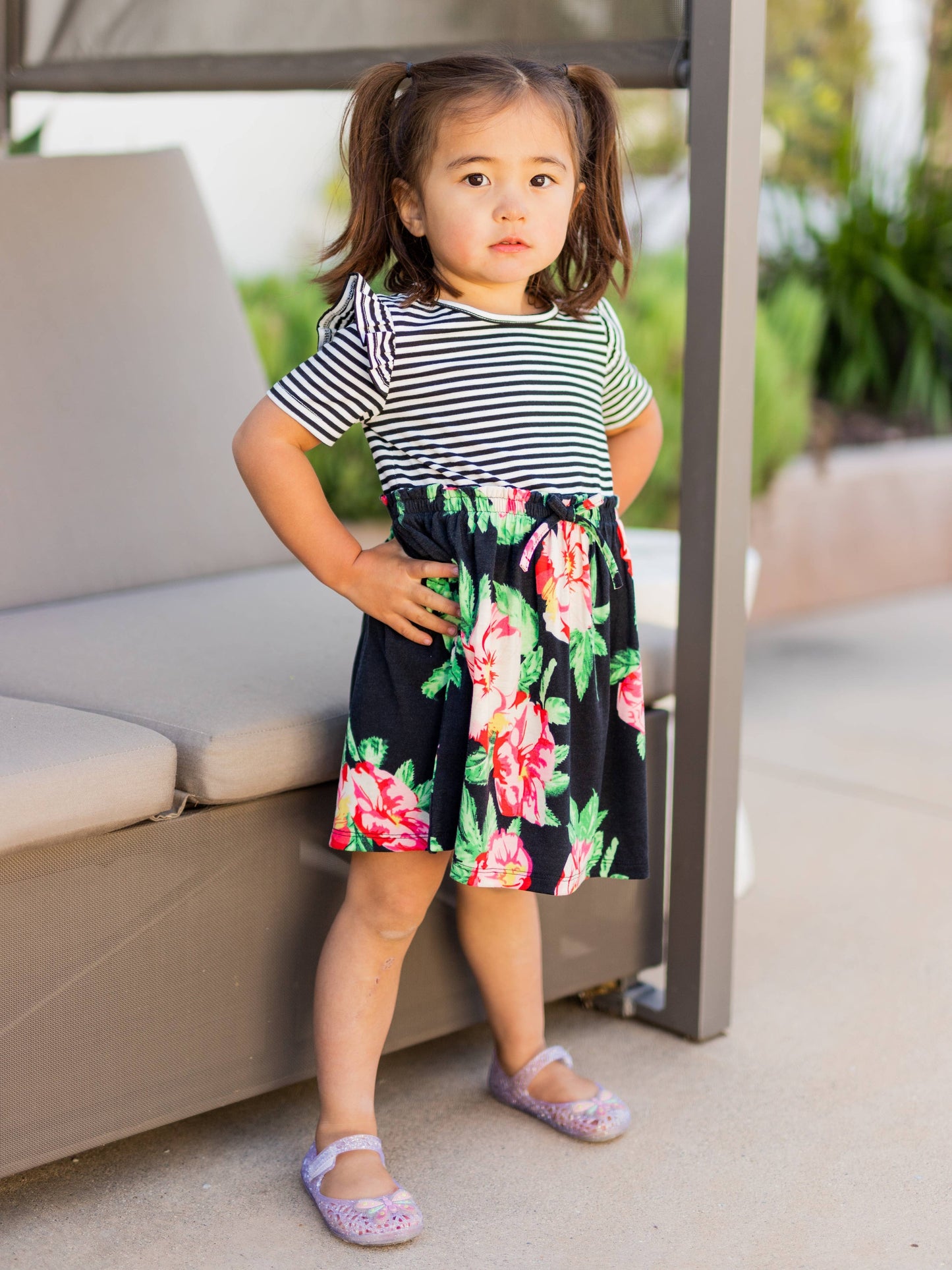 CHILDRENS: Girls Stripe Floral Ruffle Dress