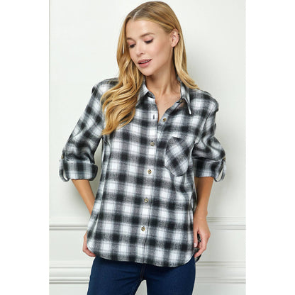 TOPS: PLAID FLANNEL ROLL SLEEVES  COLLAR NECK SHIRTS
