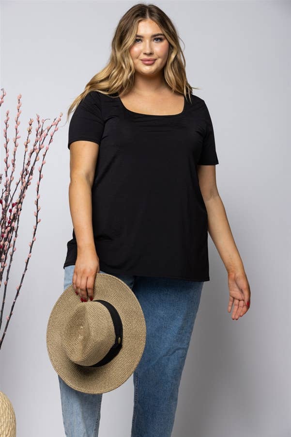 TOPS: Plus Tops RAVEN BLACK SQUARE NECK PLUS SIZE KNIT TOP ST1986-11X