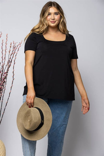 TOPS: Plus Tops RAVEN BLACK SQUARE NECK PLUS SIZE KNIT TOP ST1986-11X