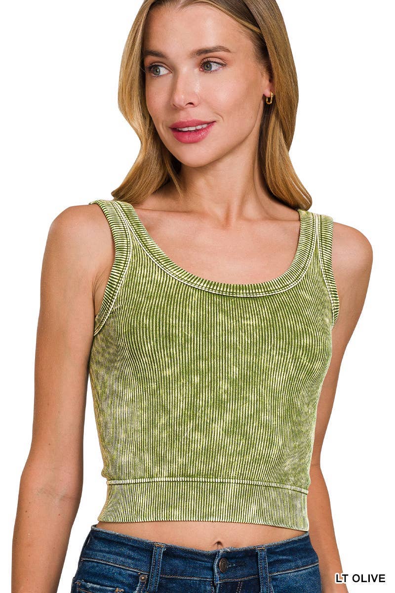 Washed Ribbed Cropped Seamless Scoop Neck Tank Top