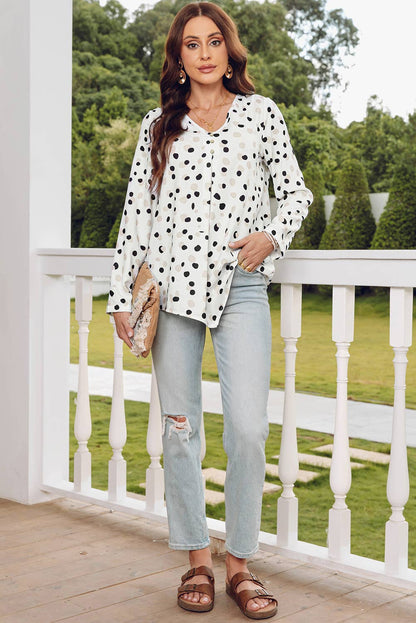 TOPS: Fashion-W Polka Dot Print Button Front V Neck Blouse