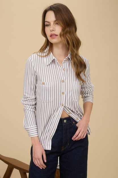 TOPS: STRIPE COLLARED LONG SLEEVE BUTTON DOWN SHIRT