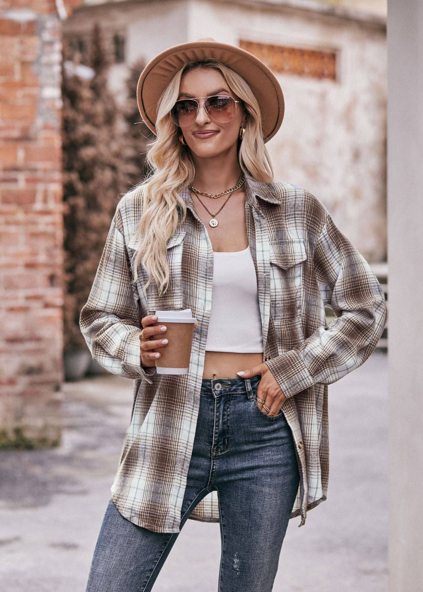 TOPS: Women's Autumn and Winter Casual Fashion Oversized Loose Plaid Shirt