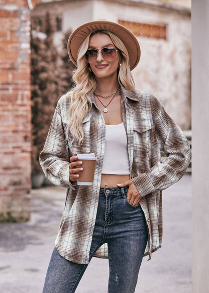 TOPS: Women's Autumn and Winter Casual Fashion Oversized Loose Plaid Shirt