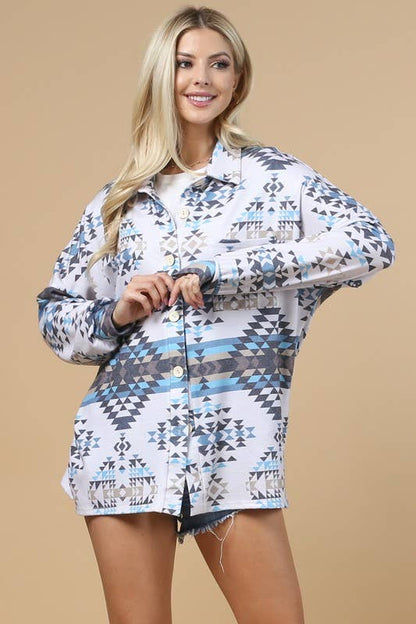 TOPS: VICTORIA GEO PRINT BUTTON DOWN SHACKET