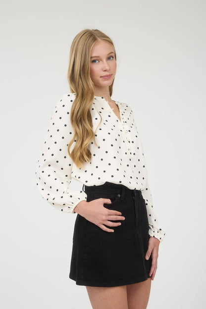 TOPS: POLKA DOT HENLEY LONG SLEEVE BLOUSE