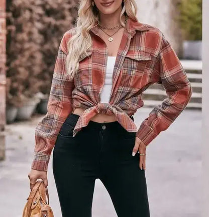 TOPS: Women's Autumn and Winter Casual Fashion Oversized Loose Plaid Shirt