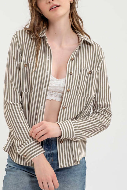 TOPS: STRIPE COLLARED LONG SLEEVE BUTTON DOWN SHIRT