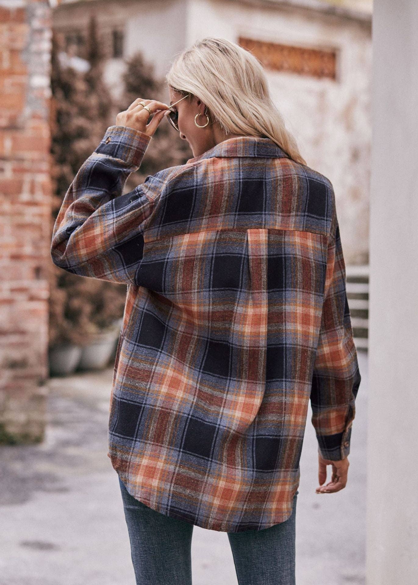 TOPS: Women's Autumn and Winter Casual Fashion Oversized Loose Plaid Shirt