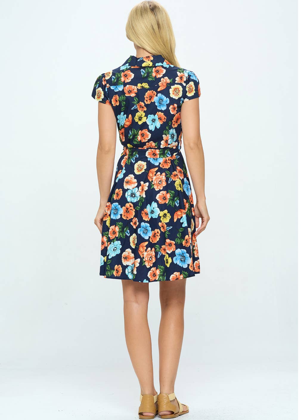 Floral Print Button Down Dress - Cap Sleeve