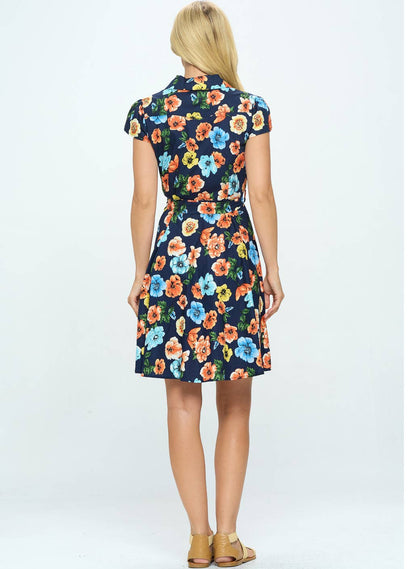 Floral Print Button Down Dress - Cap Sleeve