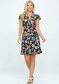 Floral Print Button Down Dress - Cap Sleeve