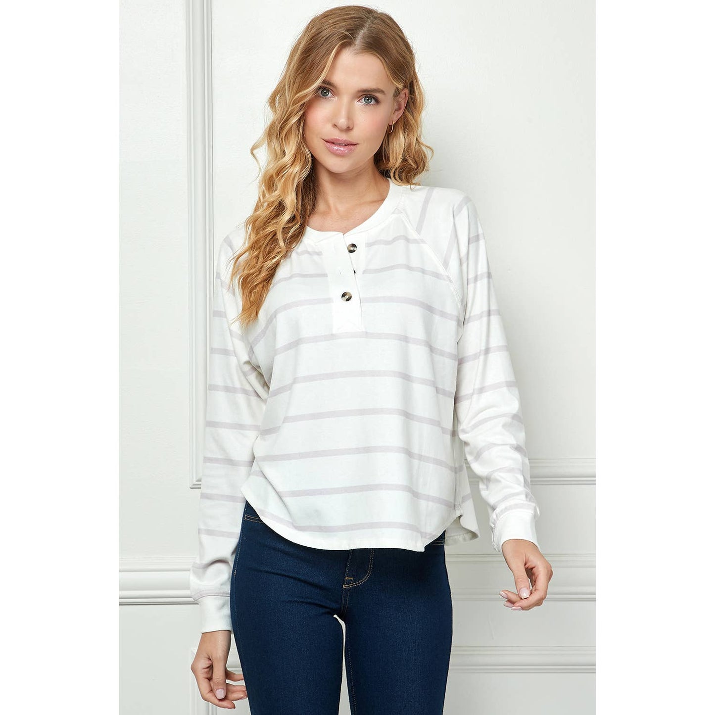 TOPS: LONG SLEEVE STRIPED KNIT TOP WITH BUTTON