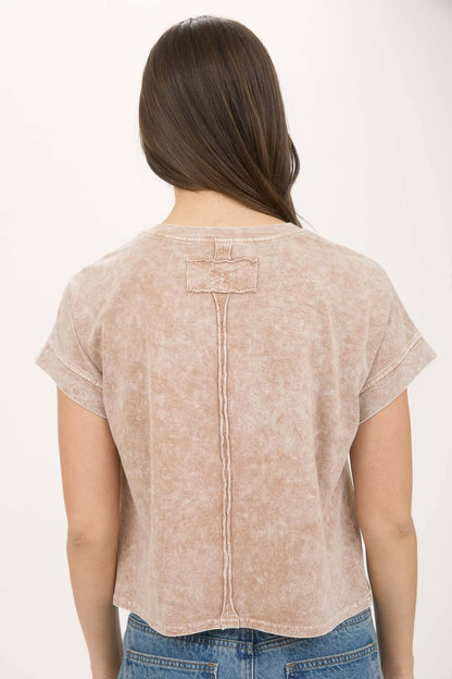 TOPS: WASHED EXTENDED SHOULDER SHORT SLEEVE KNIT TOP
