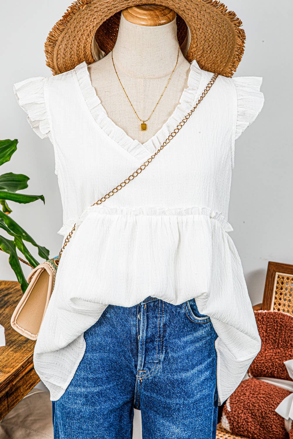 Textured Ruffled Trim V Neck Flutter Flowy Top