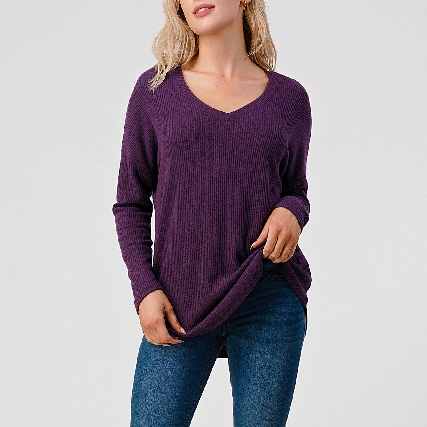 TOPS: V-neck Long Sleeve Loose Fit Brushed Rib Knit Top